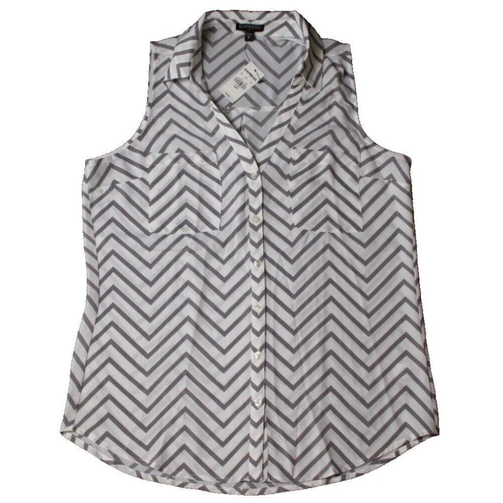 Express Womens Striped Button-Down Sleeveless Shirt White/Gray Top Sz Small